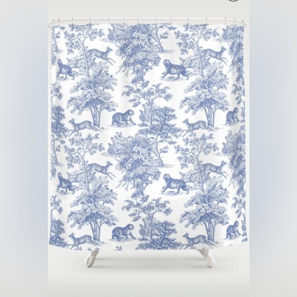 Toile de Jouy Vintage French Exotic Jungle Forest Navy & White Shower Curtain